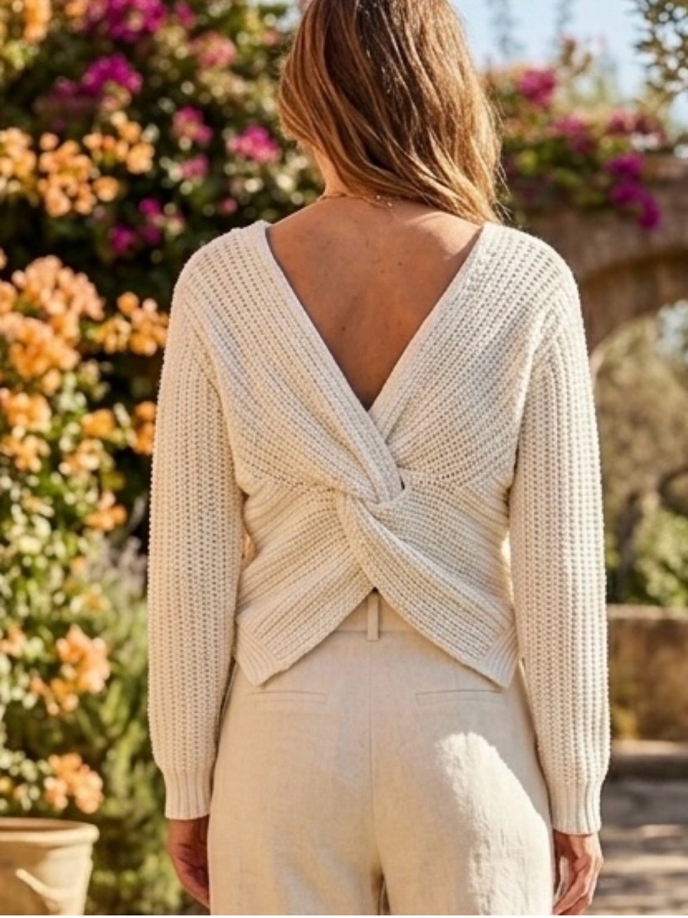 La Hearts White Twist-Back Cable Knit V-Neck Sweater-Pacsun Y2K